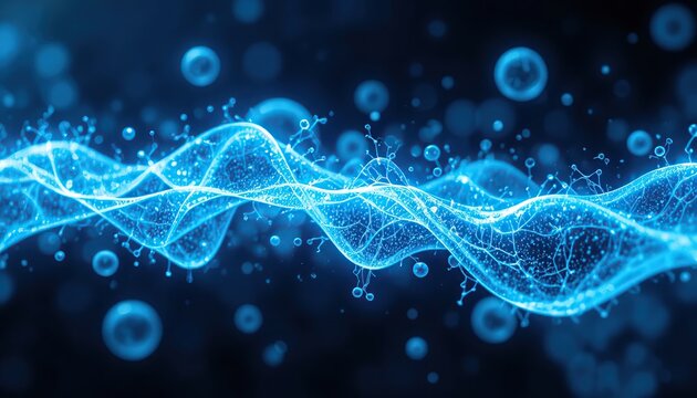 Glowing blue wave of luminous particles flows across dark background abstract digital composition symbolizing energy data streams quantum physics and futuristic technology visualization concept art