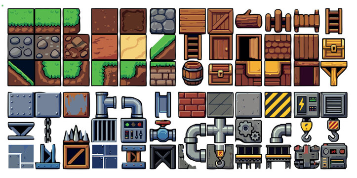 Diverse 2D video game asset pack for level design, featuring a cartoon tileset with natural ground blocks, industrial machinery, and wooden mine elements for a platformer