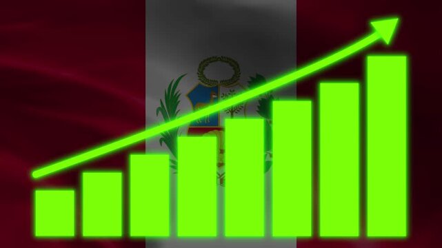 Peruvian Economic Growth: A vibrant green upward trend graph superimposed against the backdrop of the Peruvian flag, symbolizing economic growth and progress in the nation.