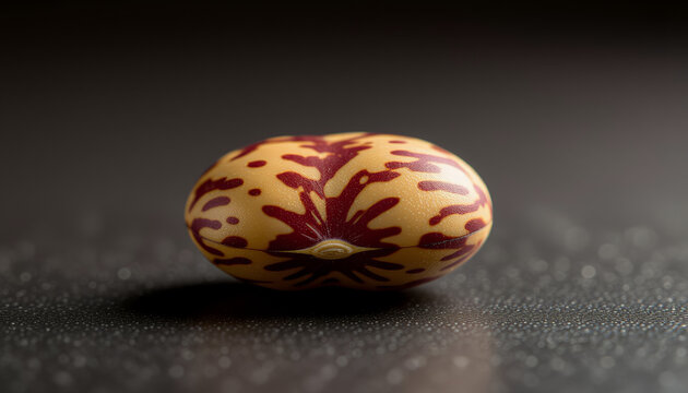 Colorful bean with red patterns on dark reflective surface  