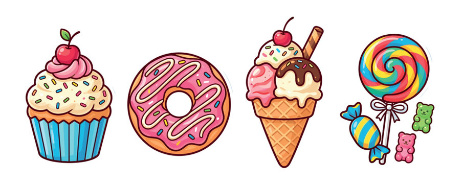 Vibrant illustrated set of various sweets and confectionery, featuring a cherry cupcake, a sprinkled donut, a multi-scoop ice cream cone, a rainbow lollipop, and gummy bears