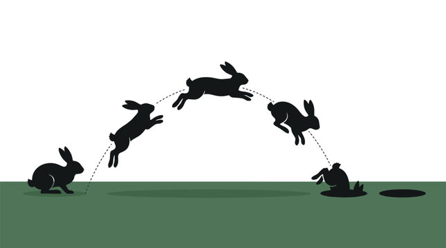 Black rabbit silhouette jumping sequence shows the animal leaping in a graceful arc before disappearing into a hole, illustrating a process, journey, or escape in a minimalist style