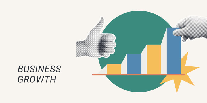 Trendy Halftone Collage of a halftone thumbs up hand beside a rising bar chart with star burst, symbolizing business growth and approval, ideal for corporate, finance, and success content.