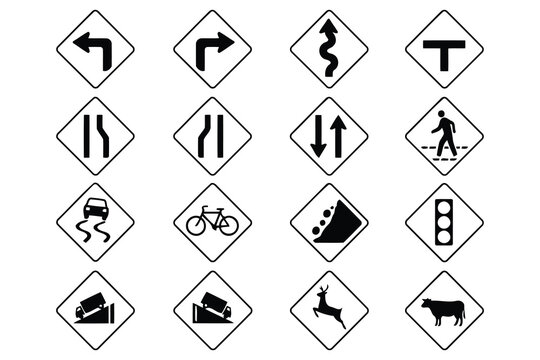 Set of road traffic and warning signs icons in black and white Vector