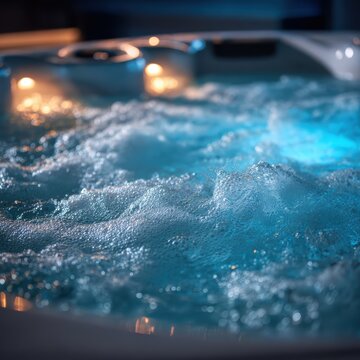 Close up swirling water jets and therapeutic bubbles in modern jacuzzi tub with ambient mood lighting, luxurious setting perfect for hydrotherapy relaxation and wellness concept