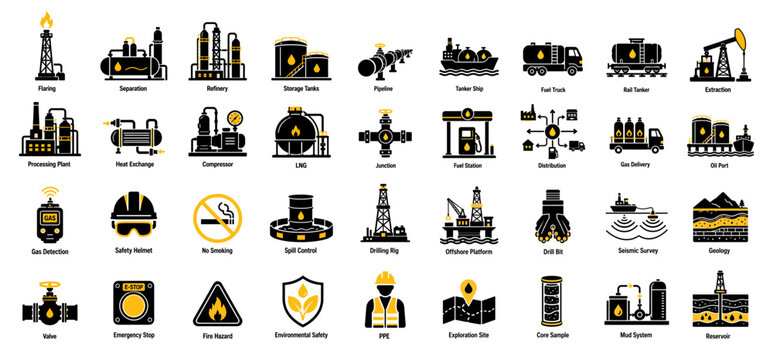 oil and gas industry icon set with drilling rigs, pipelines and refinery equipment symbols