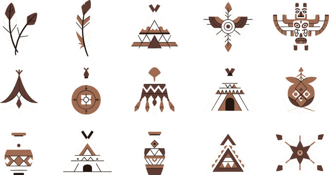 Tribal geometric ornament icon set with ethnic patterns, arrows, feathers, teepee tents and native symbols for boho design, decoration and cultural themes