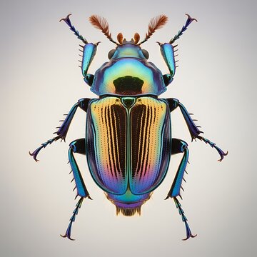 Vibrant iridescent beetle with colorful wings and antennae on gray background