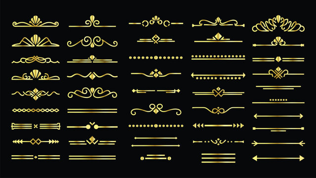 Collection of golden decorative elements on black background vintage dividers and ornaments.