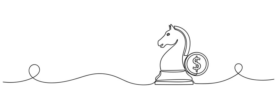 Continuous line drawing of chess knight with dollar symbol represents financial strategy. No editable stroke