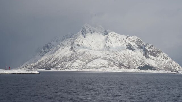 Massive snow alps Svolvaer Trollfjord during harsh winters
