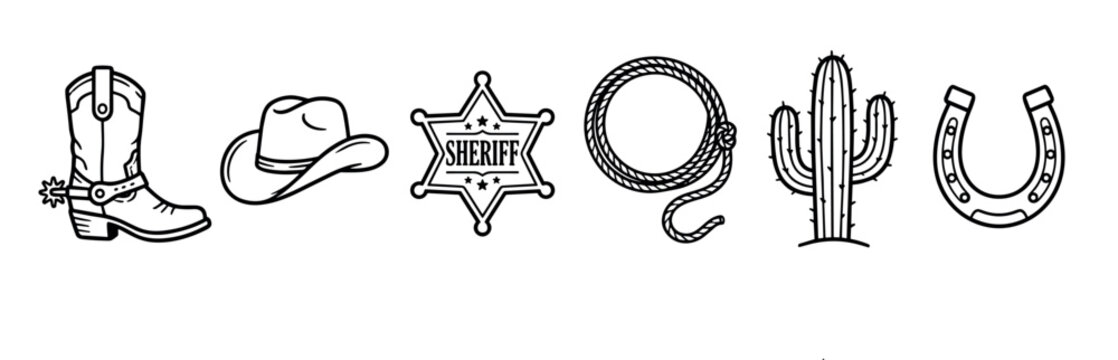 Set of black and white cowboy icons including a boot, hat, sheriff badge, lasso, cactus, and horseshoe in a simple line art style illustration for western themed design