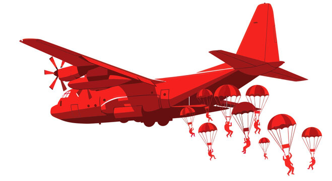 Red Military Cargo Plane Drops Paratroopers Mid-Air