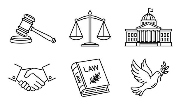 Set of black line icons representing law and justice, including a gavel, scales, courthouse, handshake, law book, and a peace dove with an olive branch in a minimalist vector style