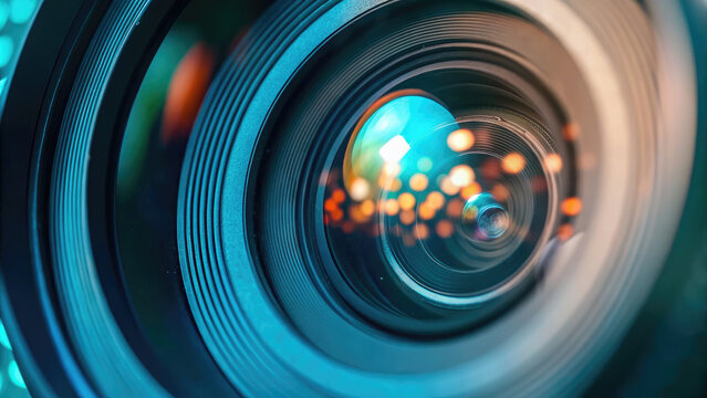 Close-up of camera lens aperture shift concept. Close-up of a camera lens with vibrant bokeh and reflections.
