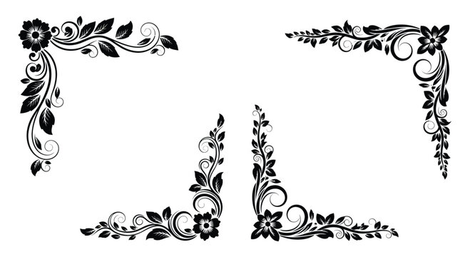 Decorative floral corner elements in black isolated on white for elegant borders and frames.