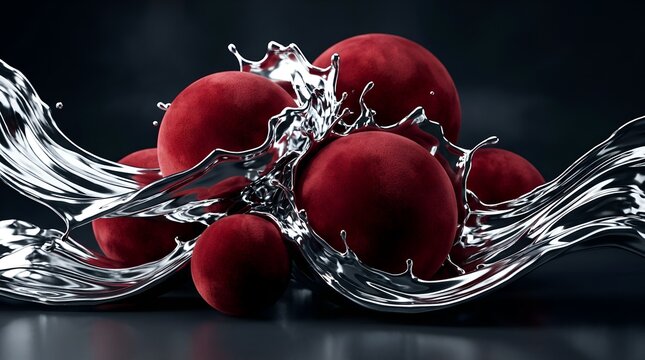 Red velvet spheres splashing in water