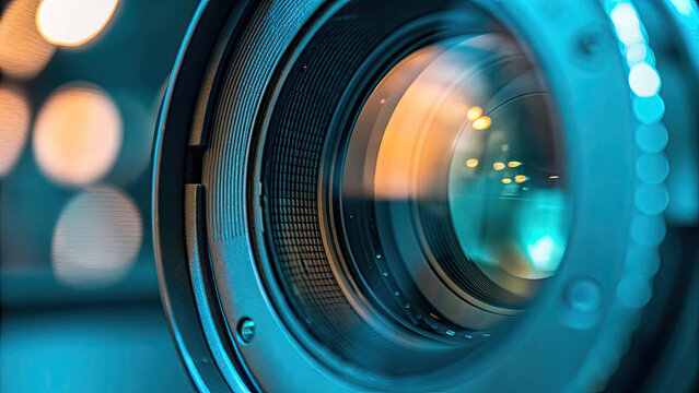 Close-up of camera lens aperture shift concept. Close-up of a camera lens with vibrant reflections and details.