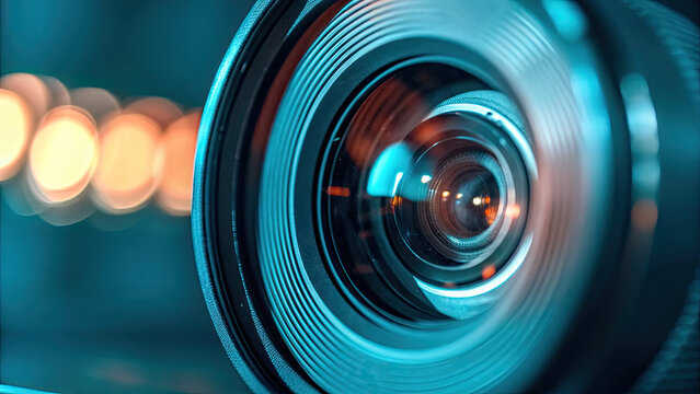 Close-up of camera lens aperture shift concept. Close-up of a camera lens with vibrant, blurred background lights.