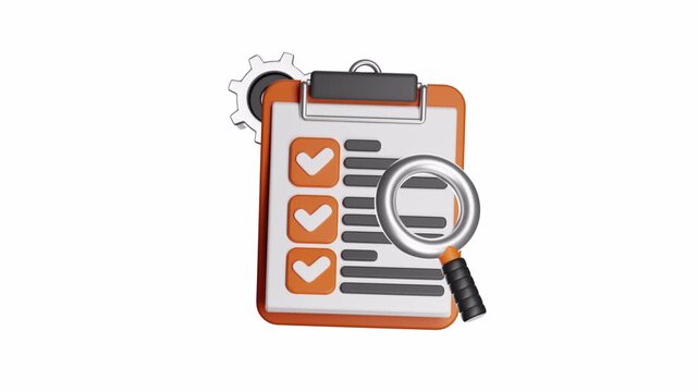 3d ux icon motion clipboard, checklist, magnifying glass, and gear symbolize organization and planning. Perfect for productivity, task management, and business concepts.