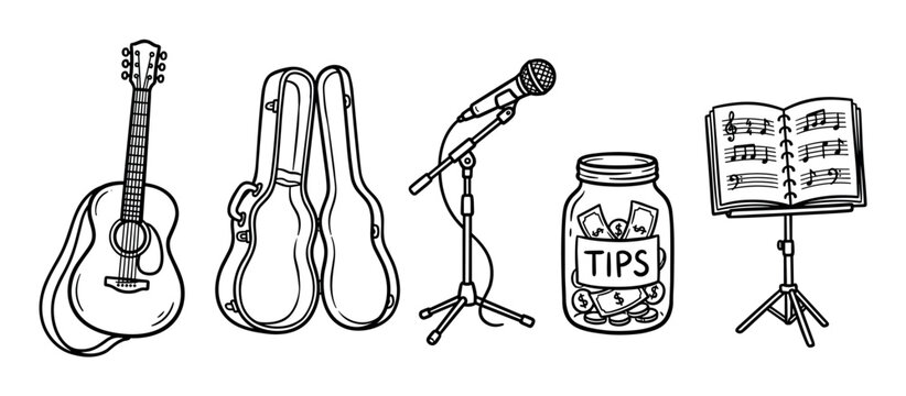 Hand-drawn black and white set of busker equipment including a guitar, case, microphone, tip jar, and music stand in a simple doodle style illustration