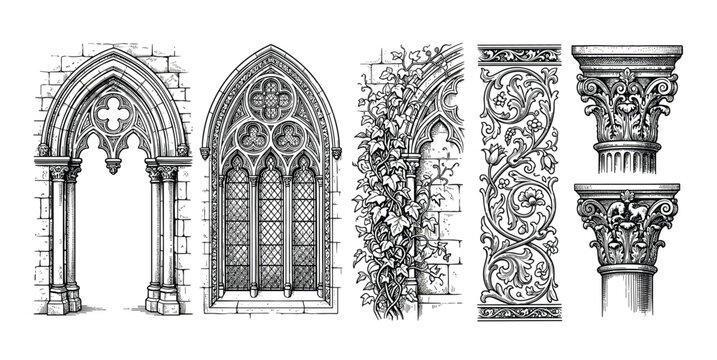 Set of hand-drawn Gothic architectural elements featuring an ornate arch, a lancet window, ivy-covered stonework, floral frieze, and detailed column capitals in a vintage engraving style