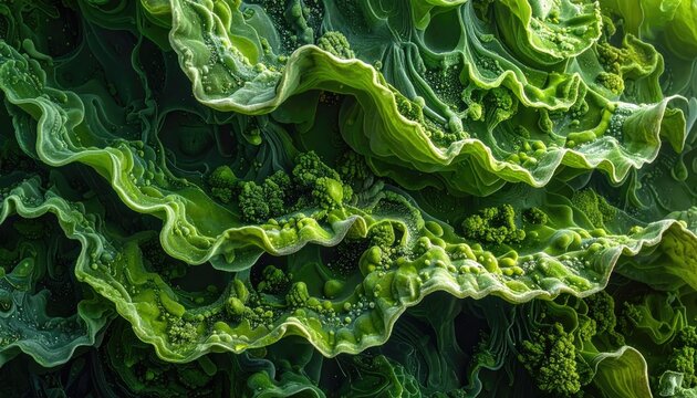 Close up of vibrant green plant leaves with textured surface and intricate patterns