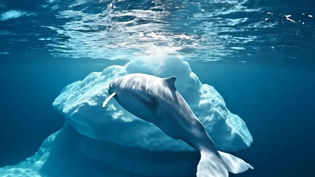 Beluga whale swimming through deep blue arctic water alongside a large submerged iceberg, with snowy mountains and clear sky visible through the ocean surface split view.