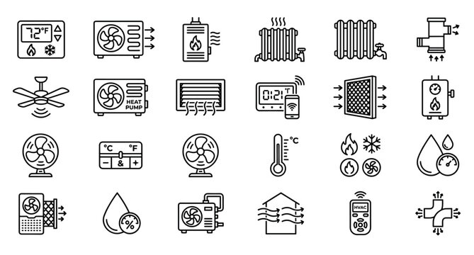 HVAC line icon set with various heating, cooling, and ventilation symbols, including air conditioner, fan, thermostat, radiator, and heat pump pictograms for climate control
