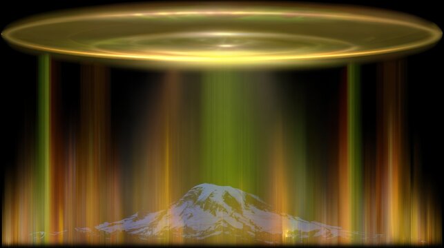Abstract illustration of a glowing unidentified flying object over mountain peak