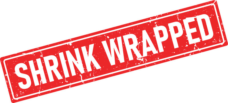 Red rubber stamp imprint saying Shrink Wrapped with a distressed texture on a white background
