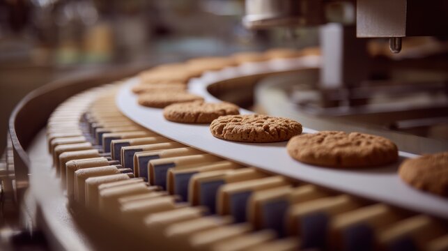 Cookie factory, food industry. Fabrication. Cookie production, food, bakery, cook, sweet, dessert, pastry, delicious, cookies, cake, tasty, oven, automatic, conveyor