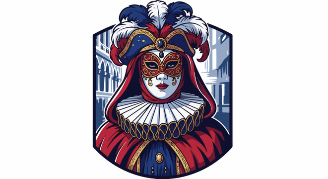 Elaborate masked figure in historic attire, feathered hat, city buildings
