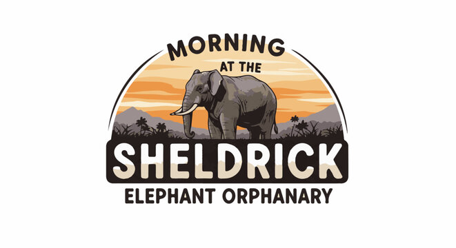Elephant at sunset in savanna with sanctuary name below