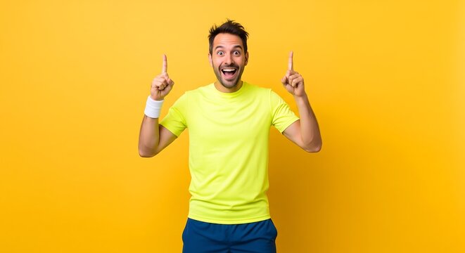Man in yellow shirt pointing up with gesture of excitement on yellow background