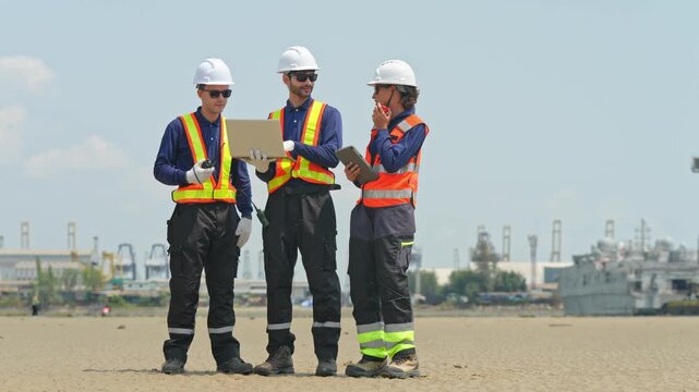 Construction site team collaborating on project industrial location professional photo clear environment close-up view teamwork concept