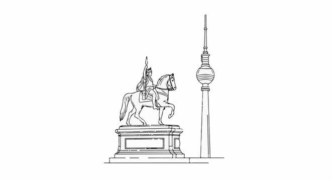 Equestrian monument stands beside tall observation tower