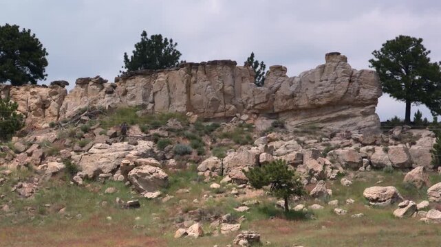 Rocky bluffs presenting geological formations of a arid terrain in Nebraska, USA