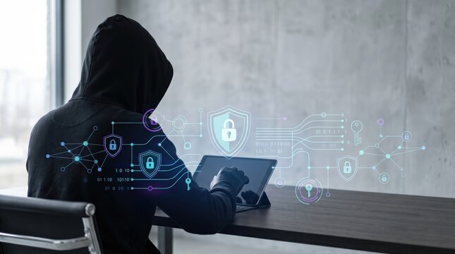 Hooded hacker using tablet with digital security interface, cybersecurity concept, data protection, network privacy, virtual shield icons, binary code, encryption technology,