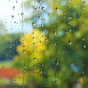 Rain droplets on a window with a blurred background of trees