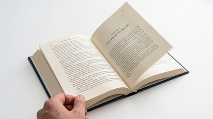 Fototapeta premium Hand Turning Pages of an Open Book, Reading Literature, Education Concept