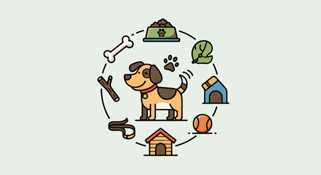Cute cartoon dog surrounded by its needs and toys