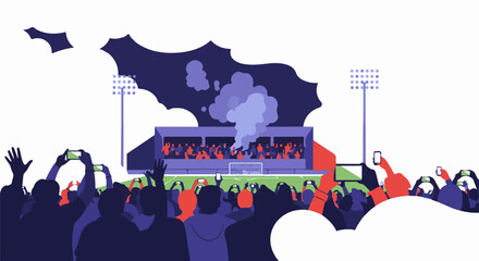 Naklejka premium Crowd at stadium captures event on phones, smoke rises