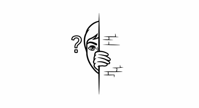 Curious eye peeking around a wall with a question mark symbol