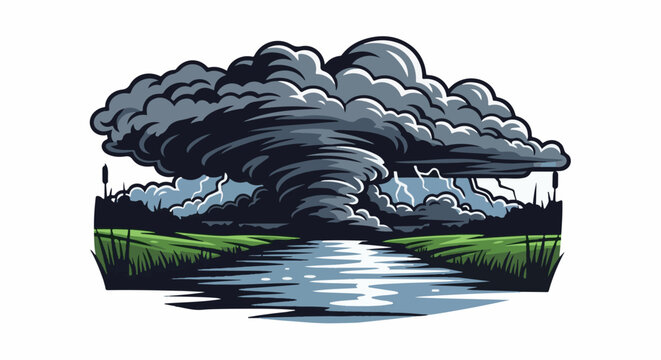 Dark swirling storm clouds forming a vortex over a tranquil river