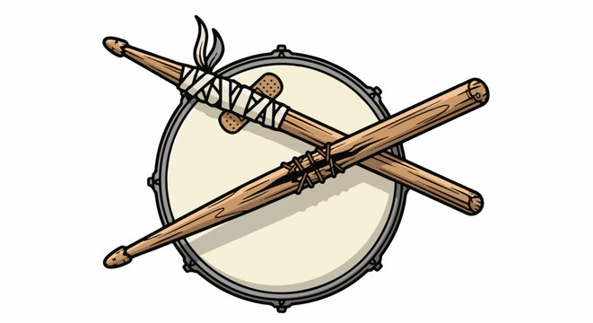 Crossed drumsticks bandaged and taped over a drumhead