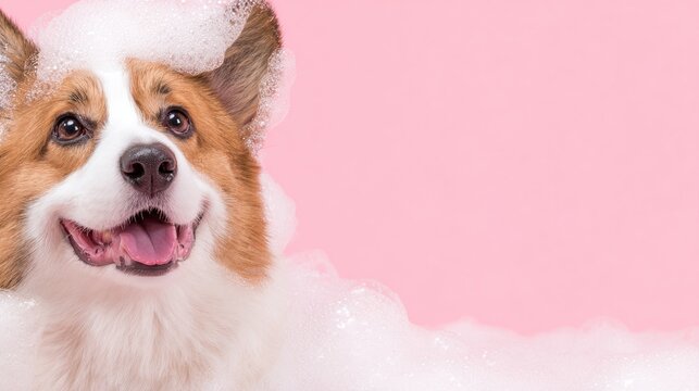 corgi. A happy Welsh corgi covered in fluffy bubbles, posing in a pastel-colored grooming salon. wildlife magazines, conservation campaigns, designed for nature documentaries and education.