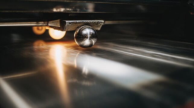 pinball. A silver pinball rolling on a glowing track and impacting a shiny bumper. event key visuals, club posters, designed for sports event promotions and stadium branding.