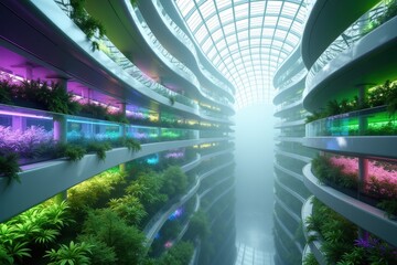 Fototapeta premium Futuristic Vertical Garden Architecture with Colorful LED Lighting