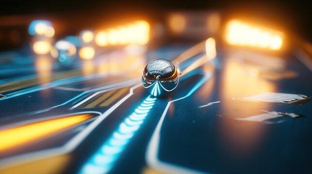 pinball. A silver pinball rolling on a glowing track and impacting a shiny bumper. event key visuals, club posters, designed for sports event promotions and stadium branding.